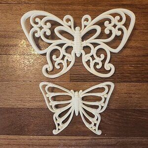2 1970 Homco Light Yellow Off White Hard Plastic Butterflies Wall Decor MCM AsIs